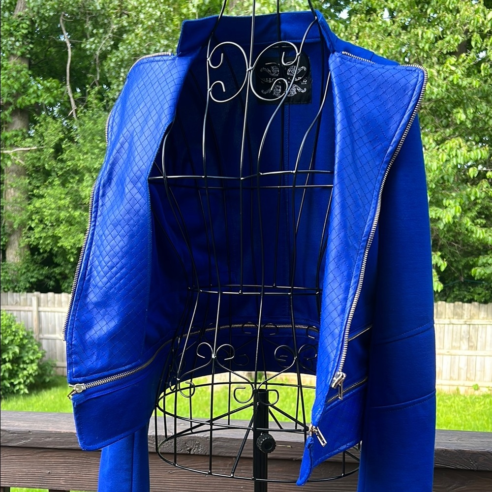 Cute Vintage Biker Retro Bold Blue Blazer with High Collar Slim Fit Faux Leather - Picture 8 of 16
